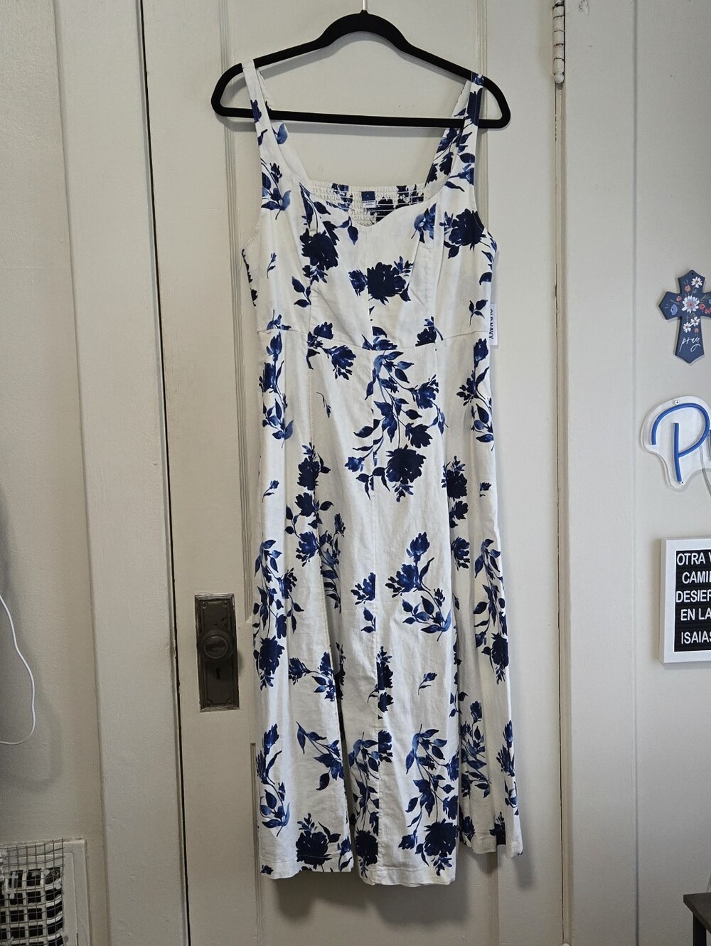 Old Navy White Midi Dress with Blue Floral Print